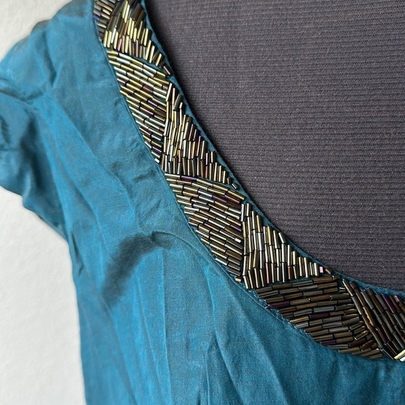 Kenzie Pretty dress Bohemian beaded neckline, teal black lined size large - Picture 2 of 12